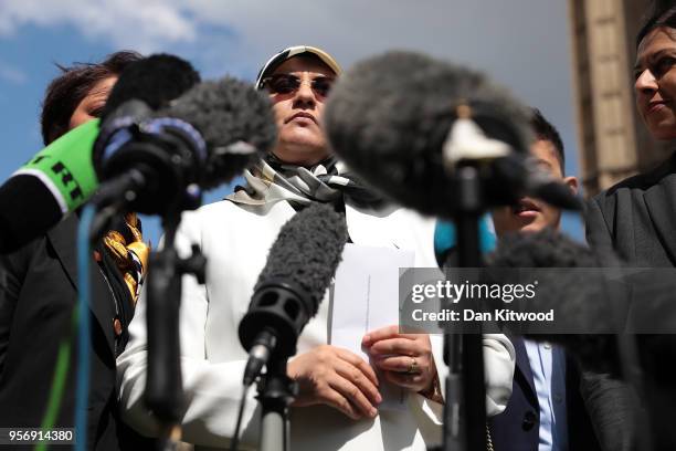 The wife of former Islamist fighter turned politician Abdel Hakim Belhaj, Fatima Boudchar, speaks to the press on College Green outside the Houses of...