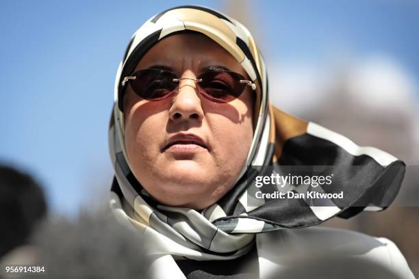 The wife of former Islamist fighter turned politician Abdel Hakim Belhaj, Fatima Boudchar, speaks to the press on College Green outside the Houses of...