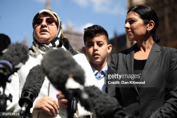 The wife of former Islamist fighter turned politician Abdel Hakim Belhaj, Fatima Boudchar, speaks to the press on College Green outside the Houses of...