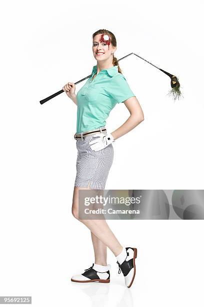 golfer with injury and smile - broken golf club stock pictures, royalty-free photos & images
