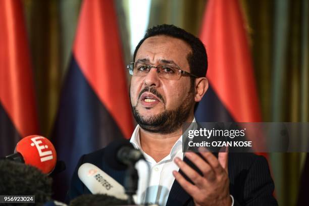 Libyan dissident Abdel Hakim Belhaj speaks during a press conference on May 10 after receiving a letter of apology from the UK government, at the...