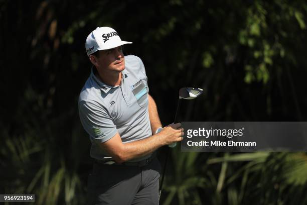 Keegan Bradley of the United States plays his shot from the fifth tee during the first round of THE PLAYERS Championship on the Stadium Course at TPC...