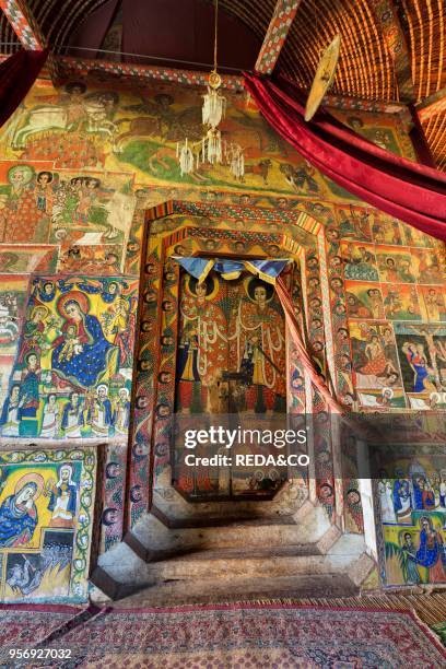 The monastery Ura Kidane Meret. Zege peninsula of Lake Tana in Ethiopia. The church is beautifully painted . The frescos are showing stories of the...