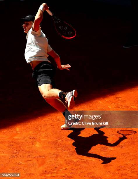 Denis Shapovalov of Canada in action against Milos Raonic of Canada in their third round match during day six of the Mutua Madrid Open tennis...