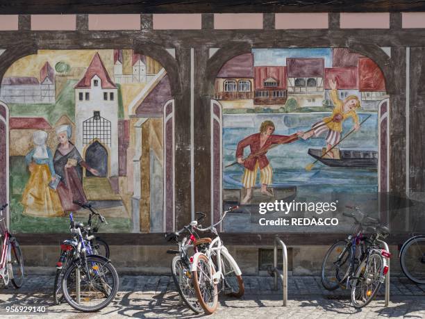 Mural in the medieval Old Town depicting the traditional Fischerstechen . Which is still parcticed. Bamberg in Franconia. A part of Bavaria. The Old...