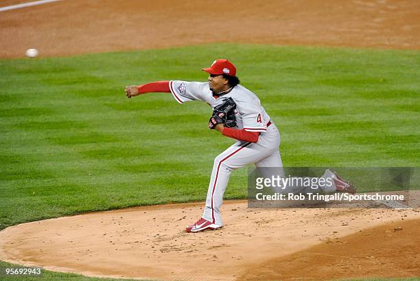 Pedro Martinez of the Philadelphia Phillies pitches against the New York Yankees during Game Six of the 2009 MLB World Series at Yankee Stadium on...