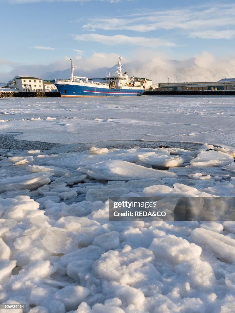 The frozen harbour of the small town Hoefn during winter