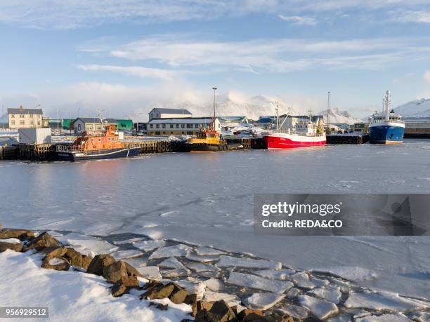 The frozen harbour of the small town Hoefn during winter. In the background the mountains of Stokksnes. Europe. Northern europe. Iceland. February.