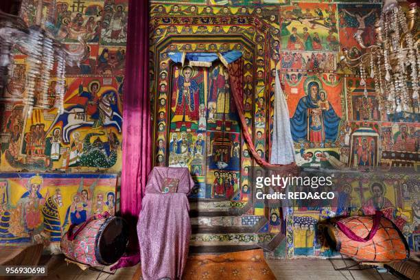 The monastery Ura Kidane Meret. Zege peninsula of Lake Tana in Ethiopia. The church is beautifully painted. The frescos are showing stories of the...