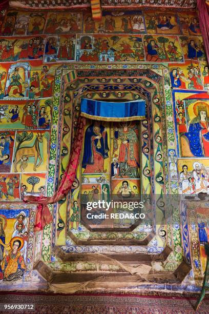 The monastery Ura Kidane Meret. Zege peninsula of Lake Tana in Ethiopia. The church is beautifully painted. The frescos are showing stories of the...