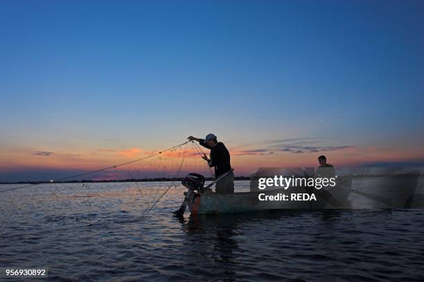 Fishermen in the Danube Delta in Romania casting their nets during sunset on a lake. Tulcea. Danube Delta. Romania. Eastern Europe. Europe.