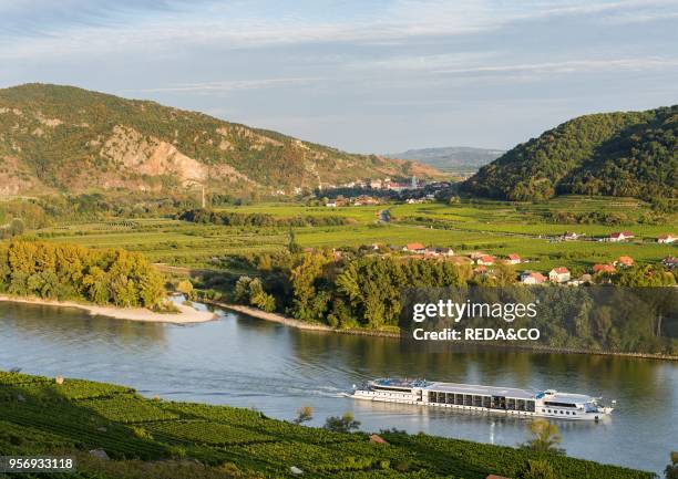 View from Weissenkirchen over the Danube towards Rossatz and Duernstein in the Wachau. The Wachau is a famous vineyard and listed as Wachau Cultural...