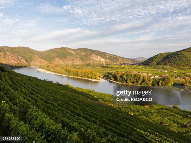 View from Weissenkirchen over the Danube towards Rossatz and Duernstein in the Wachau. The Wachau is a famous vineyard and listed as Wachau Cultural...