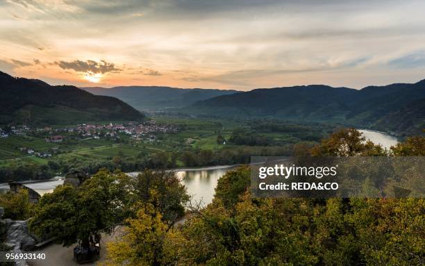 View from Duernstein over the Danube towards Rossatz and Weissenkirchen in the Wachau. The Wachau is a famous vineyard and listed as Wachau Cultural...