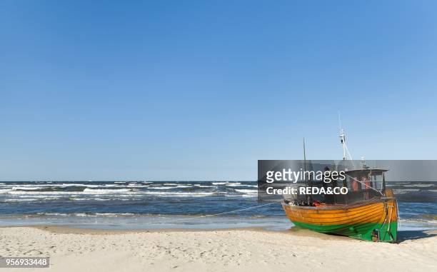 Beach with boat near Ahlbeck on the coast of the Baltic Sea. Europe.Germany. Mecklenburg-Western Pomerania. Usedom. June.