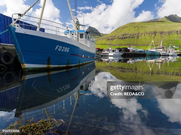 The harbour of the small town Fuglafjordur. Europe. Northern Europe. Denmark. Faroe Islands.