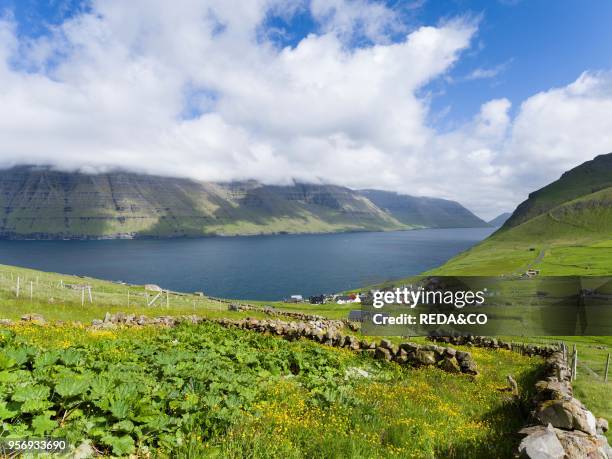 Village Mikladalur. On the Island Kalsoy. In background the island Kunoy. Nordoyggjar in the Faroe Islands. An archipelago in the north atlantic....