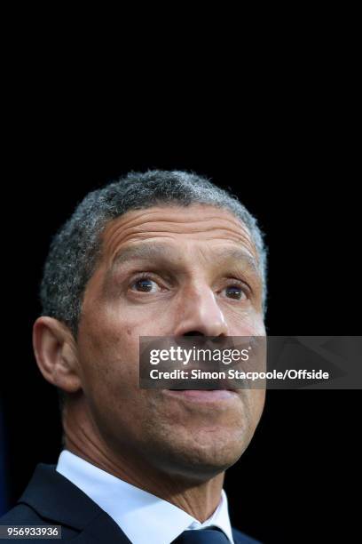 Brighton manager Chris Hughton looks on ahead of the Premier League match between Manchester City and Brighton & Hove Albion at the Etihad Stadium on...