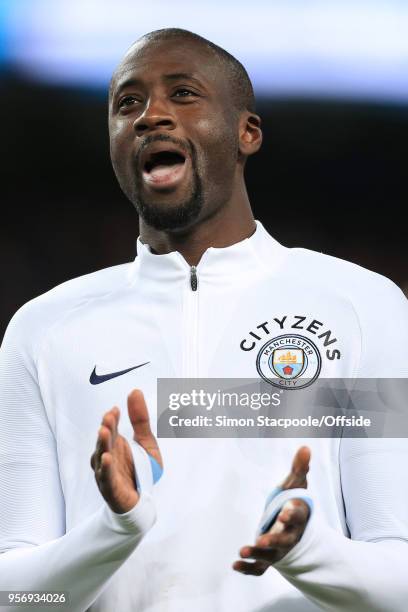 Yaya Toure of Man City reacts at the end of the Premier League match between Manchester City and Brighton & Hove Albion at the Etihad Stadium on May...