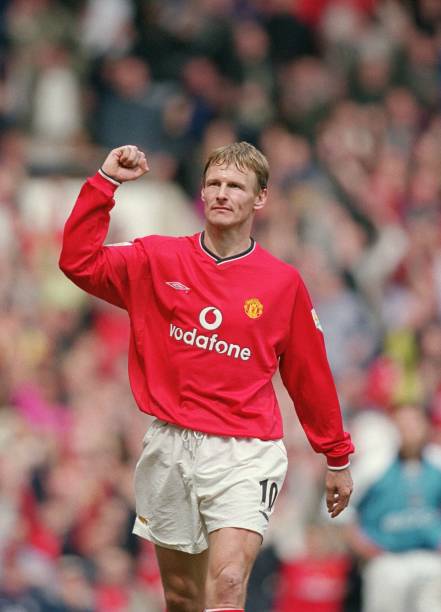 Teddy Sheringham of Manchester United celebrates during the FA Carling Premiership match against Manchester City played at Old Trafford, in...