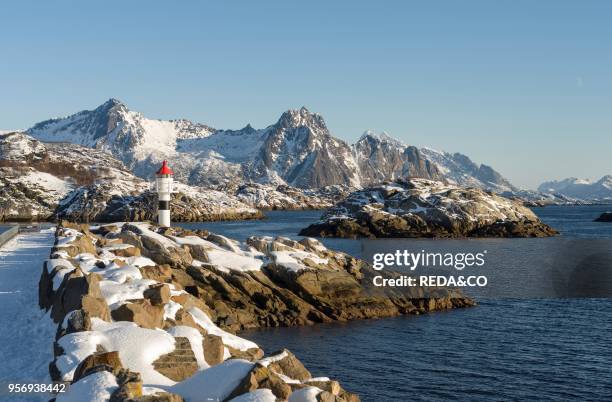 Small town Kabelvag. Island Austvagoya. The Lofoten islands in northern Norway during winter. Europe. Scandinavia. Norway. February.