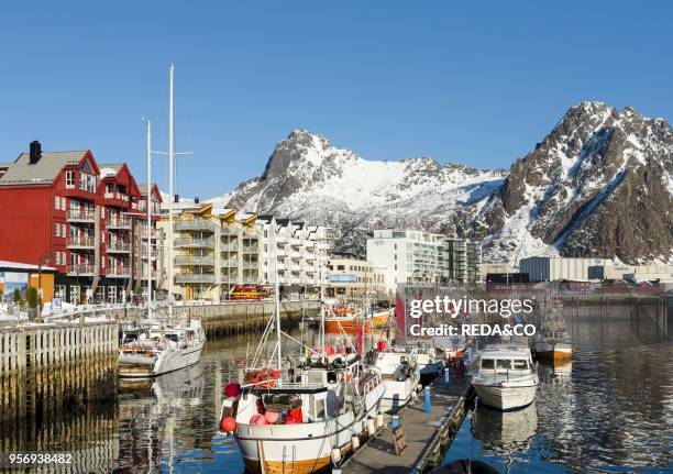 The harbour in the town of Svolvaer. Island Austvagoya. The Lofoten islands in northern Norway during winter. Europe. Scandinavia. Norway. February.