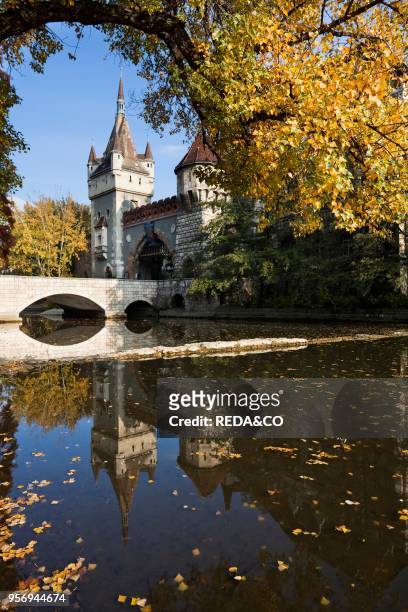 Vajdahunyad Castle in Budapest during fall. The Castle was finished in 1896 and is a blend of different architectural styles and epochs of Hungary....