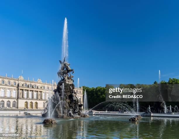 Herrenchiemsee Palace. Located on an island in lake Chiemsee. Upper bavaria. The western facade called Gartenfassade with the french garden and the...