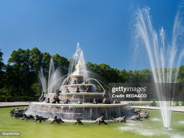 Herrenchiemsee Palace. Located on an island in lake Chiemsee. Upper bavaria. The western facade called Gartenfassade with the french garden and the...