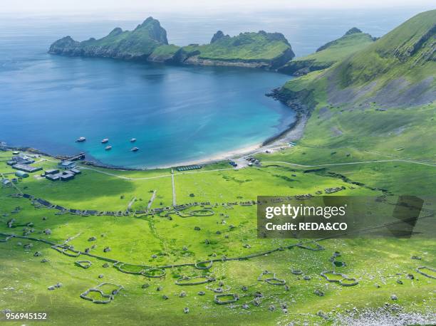 The islands of St Kilda archipelago in Scotland. Island of Hirta with village bay and the settelment abondoned 1930. It is one of the few places...