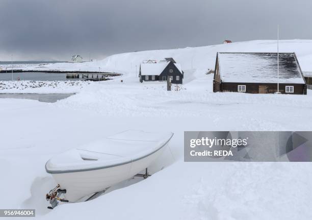 Hofsos. A traditional fishing village with many historic buildings on the coast of Skagafjoerdur during winter. Europe. Northern Europe. Iceland....