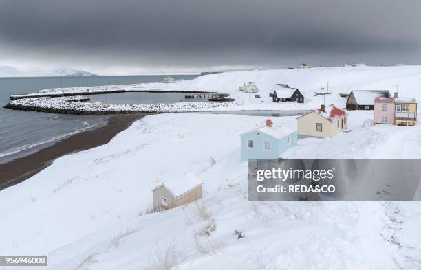 Hofsos. A traditional fishing village with many historic buildings on the coast of Skagafjoerdur during winter. Europe. Northern Europe. Iceland....