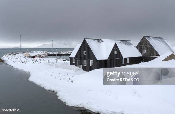 Hofsos. A traditional fishing village with many historic buildings on the coast of Skagafjoerdur during winter. Europe. Northern Europe. Iceland....