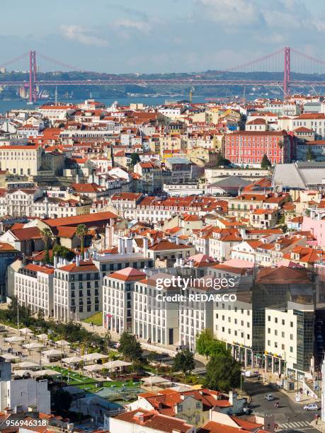 View over the quarters Baixa and Bairro Alto towards river Tagus . Lisbon the capital of Portugal. Europe. Southern Europe. Portugal. March.