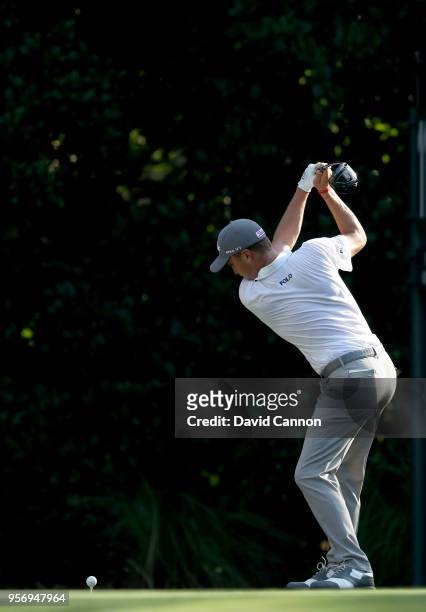 Justin Thomas of the United States plays his tee shot on the par 5, 11th hole during the first round of the THE PLAYERS Championship on the Stadium...