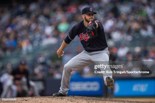Cody Allen of the Cleveland Indians pitches during the game against the New York Yankees at Yankee Stadium on Sunday May 6, 2018 in the Bronx borough...