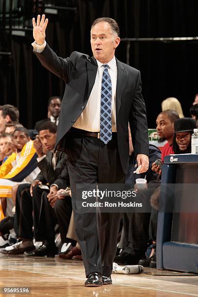 Head coach Jim O'Brien of the Indiana Pacers calls out the play against the Orlando Magic during the game on January 5, 2010 at Conseco Fieldhouse in...
