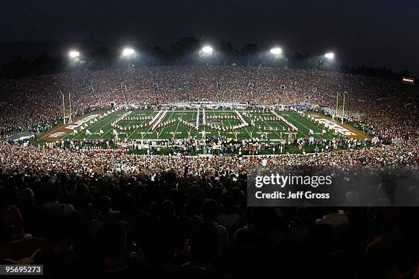 General view of the bands playing on the field before the Texas Longhorns take on the Alabama Crimson Tide in the Citi BCS National Championship game...