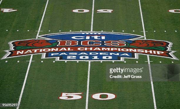 General view of the logo on the field before the Texas Longhorns take on the Alabama Crimson Tide in the Citi BCS National Championship game at the...