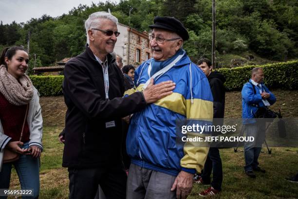 French Aime Jacquet , former coach of French national football team 1998 and world champion talks with inhabitants on May 10, 2018 in...