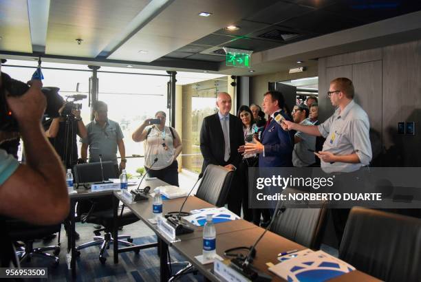 The president of the South American Football Confederation Alejandro Dominguez and FIFA's President Gianni Infantino , address the media at the...