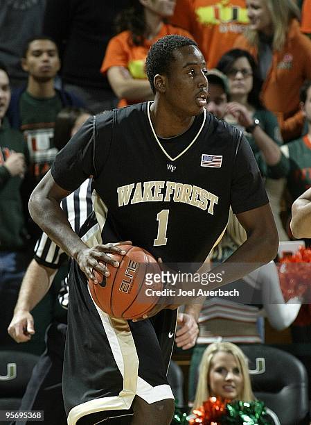 Al-Farouq Aminu of the Wake Forest Demon Deacons against the Miami Hurricanes on January 9, 2010 at the BankUnited Center in Coral Gables, Florida....