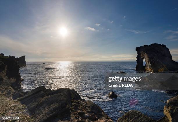 Rock formation known as Gada's Stack on Foula Island. Shetlands. Scotland. United Kingdom. Europe.