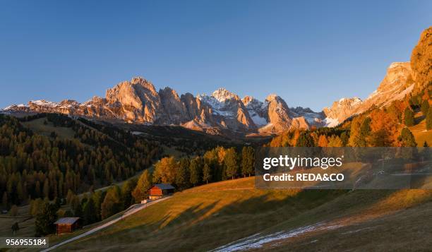 Geisler mountain range - Odle in the Dolomites of the Groeden Valley - Val Gardena in South Tyrol - Alto Adige. The Dolomites are listed as UNESCO...