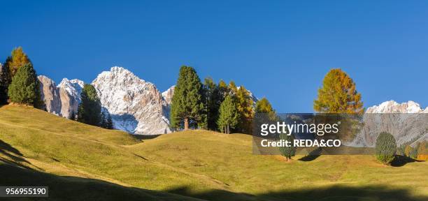Geisler mountain range - Odle in the Dolomites of the Groeden Valley - Val Gardena in South Tyrol - Alto Adige. The Dolomites are listed as UNESCO...