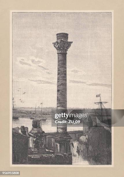 roman column in brindisi, italy, wood engraving, published in 1893 - appian way stock illustrations