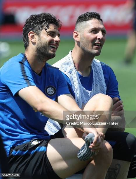 Andrea Ranocchia of FC Internazionale and Marco Materazzi of Inter Forever look on during the FC Internazionale training session at the club's...