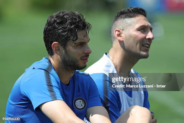 Andrea Ranocchia of FC Internazionale and Marco Materazzi of Inter Forever look on during the FC Internazionale training session at the club's...