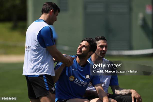 Andrea Ranocchia of FC Internazionale and Javier Zanetti of Inter Forever during the FC Internazionale training session at the club's training ground...