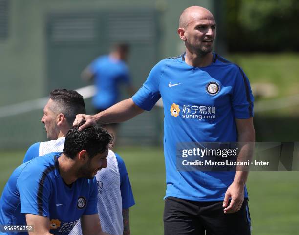 Andrea Ranocchia of FC Internazionale and Esteban Cambiasso of Inter Forever during the FC Internazionale training session at the club's training...